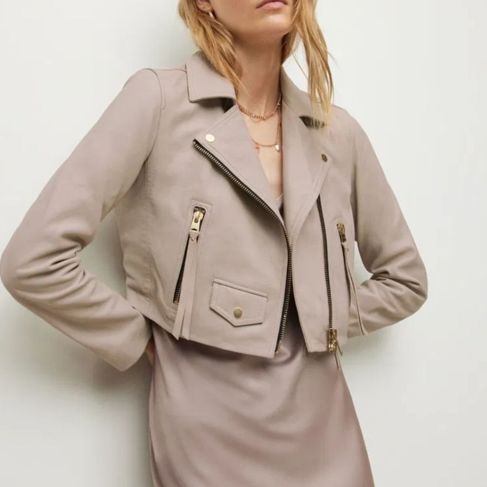All Saints Pale Pink Cream Leather Chic Edgy Feminine Cropped Elora Biker Size 6